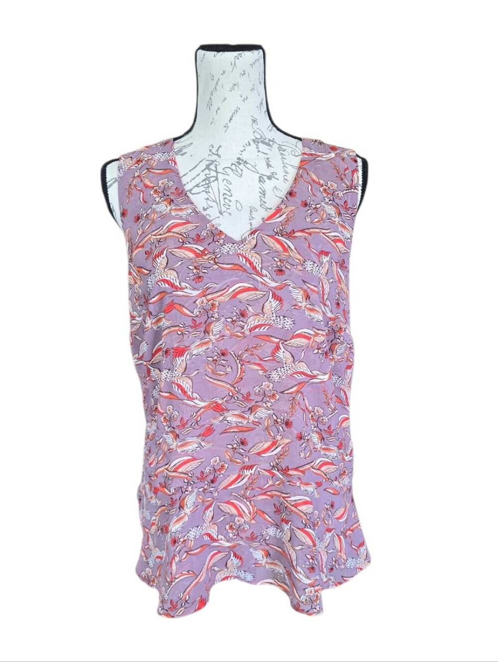 Cabi Good Luck Mauve Red Crane Bird Print Sleeveless Blouse M